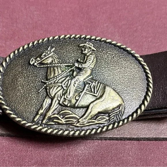 western • leather belt brass interchangeable buckle cowboy horse vintage-style - Picture 5 of 6